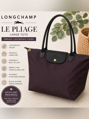 Longchamp Le Pliage Large Nylon Tote Plum Brown Leather Trim